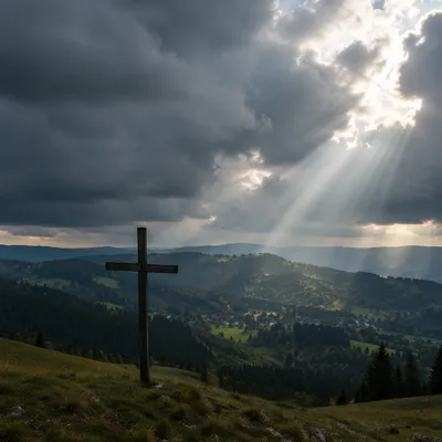 Wooden Cross Beneath Hopeful Storm Sunbeams
