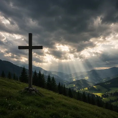 Wooden Cross Above Evergreen Valley