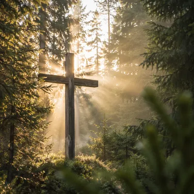 Wooden Cross in Evergreen Light Rays