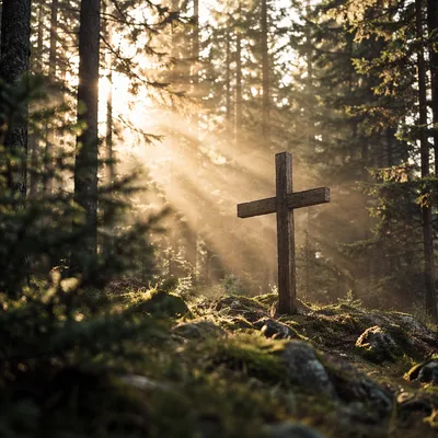 Wooden Cross in Evergreen Light Rays