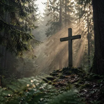 Weathered Cross in Evergreen Morning Light