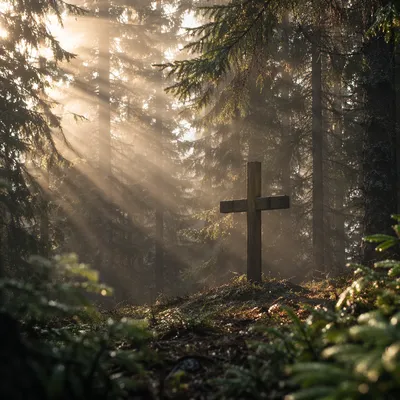Wooden Cross with Sun Rays in Evergreens