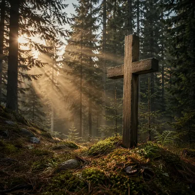 Wooden Cross in Evergreen Dawn Light