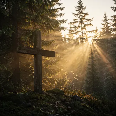 Wooden Cross with Sunrise Rays in Evergreen Forest