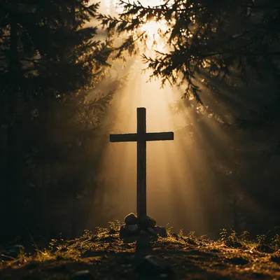 Wooden Cross in Evergreen Light Rays
