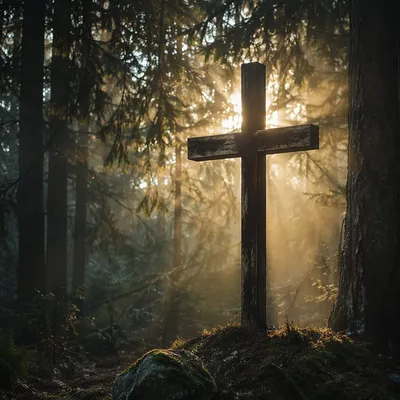 Wooden Cross in Misty Evergreen Light