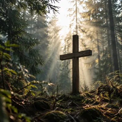 Wooden Cross in Misty Evergreen Light