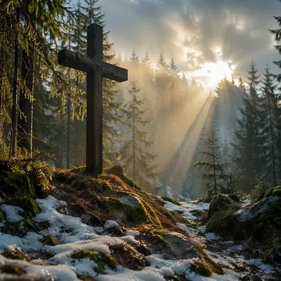 Wooden Cross in Evergreen Morning Light