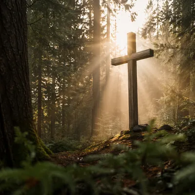 Evergreen Forest Cross with Morning Light Rays