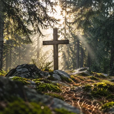 Wooden Cross in Evergreen Morning Light