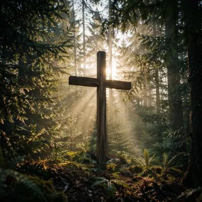 Wooden Cross in Evergreen Morning Light