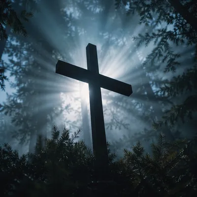Wooden Cross in Evergreen Morning Rays