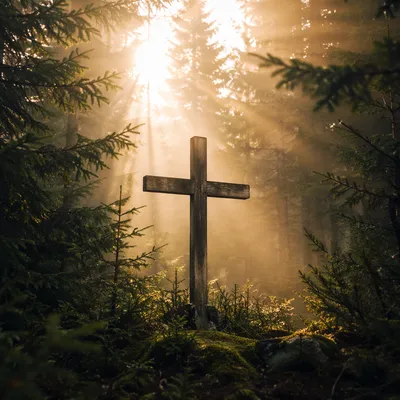 Wooden Cross in Evergreen Morning Light