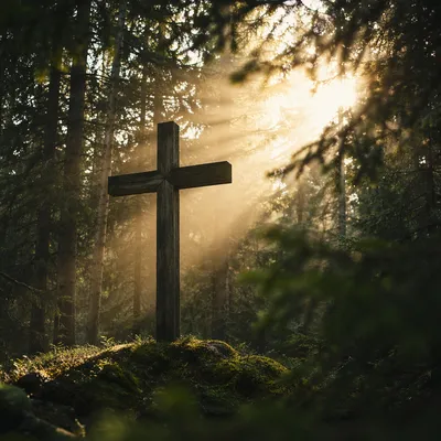 Wooden Cross in Evergreen Light Rays