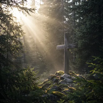 Wooden Cross in Evergreen Morning Light