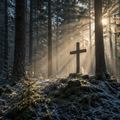Wooden Cross in Evergreen Dawn Light