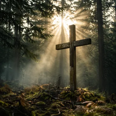 Wooden Cross in Evergreen Morning Light