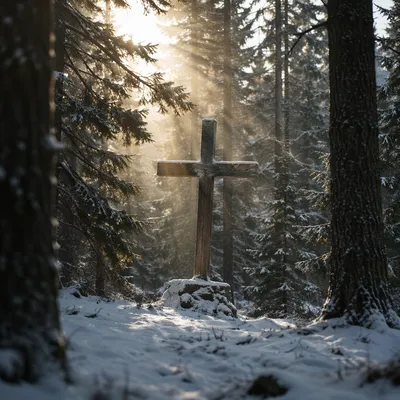Wooden Cross in Misty Evergreen Dawn