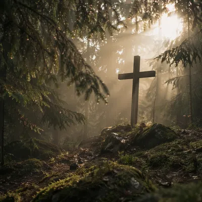 Wooden Cross in Misty Evergreen Light