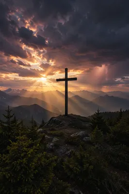 Wooden Cross Beneath Stormy Sunset Rays