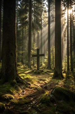 Wooden Cross in Sunlit Evergreen Forest