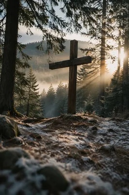 Weathered Cross in Evergreen Morning Rays