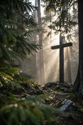 Weathered Cross in Misty Evergreen Light