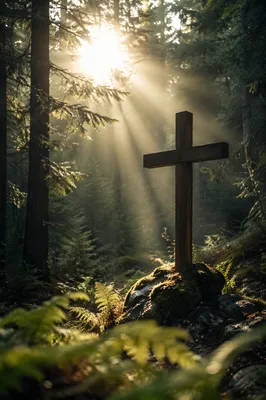 Wooden Cross in Evergreen Sunbeams