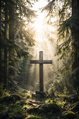 Wooden Cross in Evergreen Morning Light