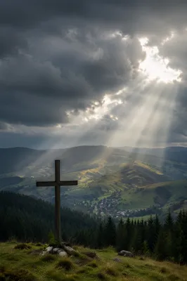Wooden Cross Under Hopeful Storm Light