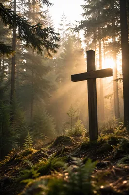 Wooden Cross in Evergreen Dawn Light