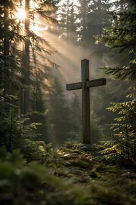 Wooden Cross in Evergreen Morning Rays