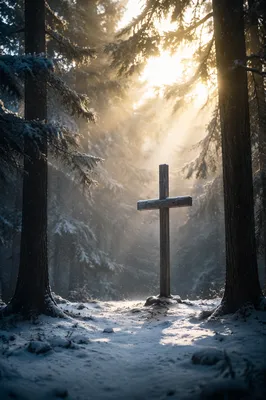 Wooden Cross in Dawn Evergreen Light
