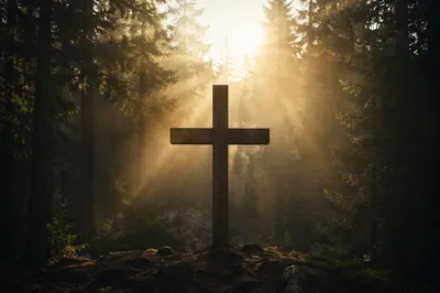 Wooden Cross in Evergreen Morning Light