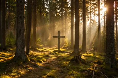 Wooden Cross in Sunlit Evergreen Forest