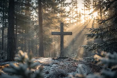 Wooden Cross in Frosted Evergreen Morning Rays