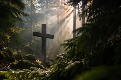 Weathered Cross in Misty Evergreen Light