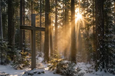 Wooden Cross in Evergreen Morning Rays