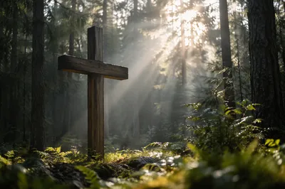 Wooden Cross in Evergreen Sunbeams