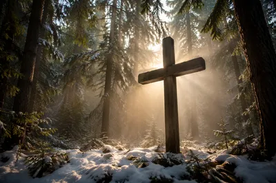 Wooden Cross in Snowy Evergreen Light