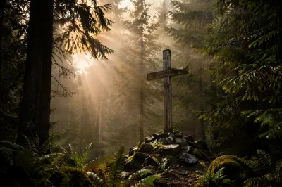Wooden Cross in Misty Evergreen Light