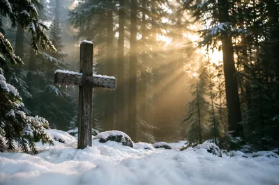 Wooden Cross in Snowy Evergreen Light