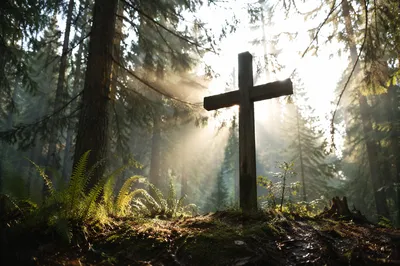 Wooden Cross in Misty Evergreen Light