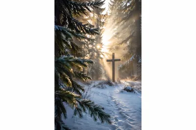 Wooden Cross in Snowy Evergreen Light