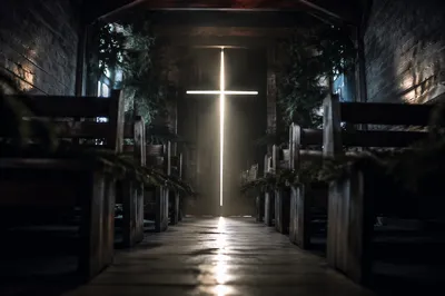 Morning Cross Light in Rustic Chapel