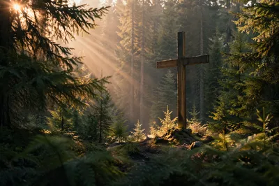 Wooden Cross in Evergreen Morning Light