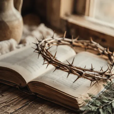 Crown of Thorns on Rustic Open Book