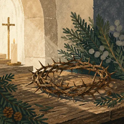 Crown of Thorns with Evergreen Chapel Still Life