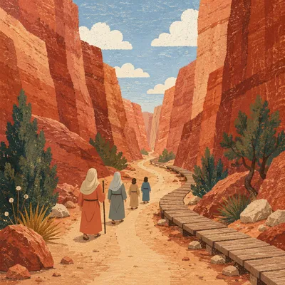 Winding Desert Canyon Path with Evergreens