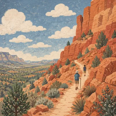 Desert Canyon Pilgrimage Path with Evergreens